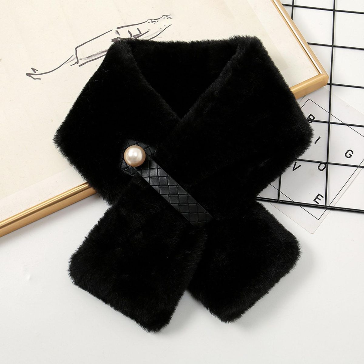 Furry Scarf Wrap Winter Thickened Double-sided Furry Scarf Wrap Black