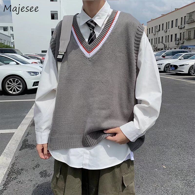 Men Sweater Vests Preppy Style V-neck Patchwork Knitwear Retro Classic Students