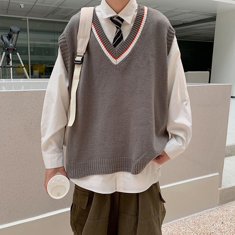 Men Sweater Vests Preppy Style V-neck Patchwork Knitwear Retro Classic Students
