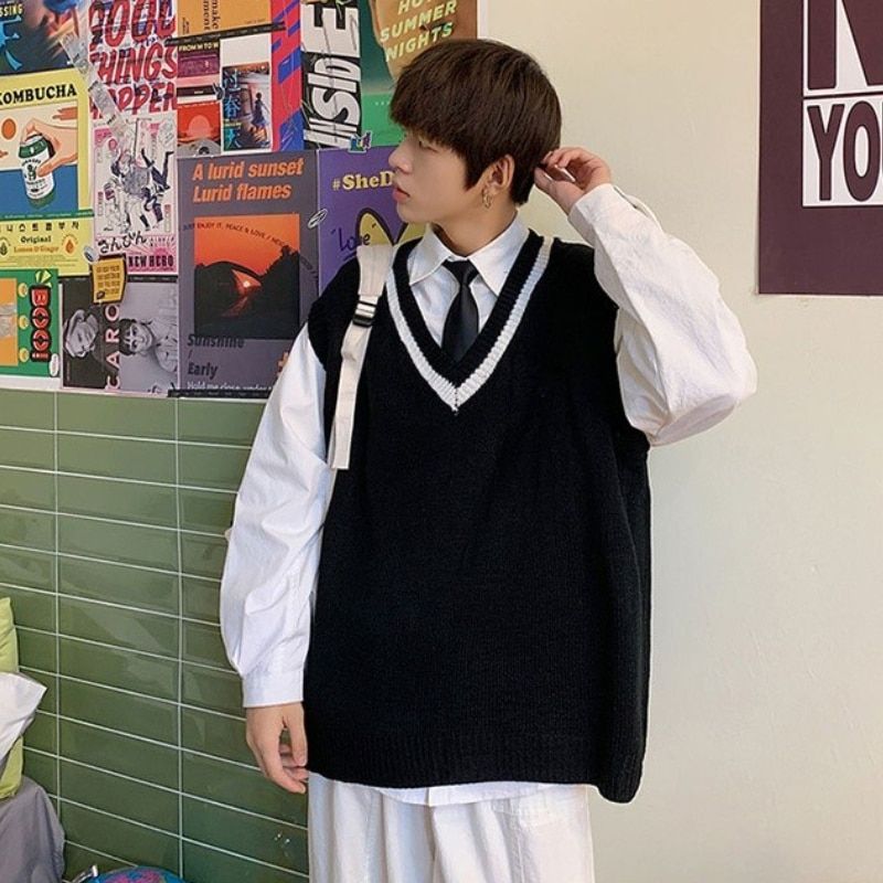 Men Sweater Vests Preppy Style V-neck Patchwork Knitwear Retro Classic Students