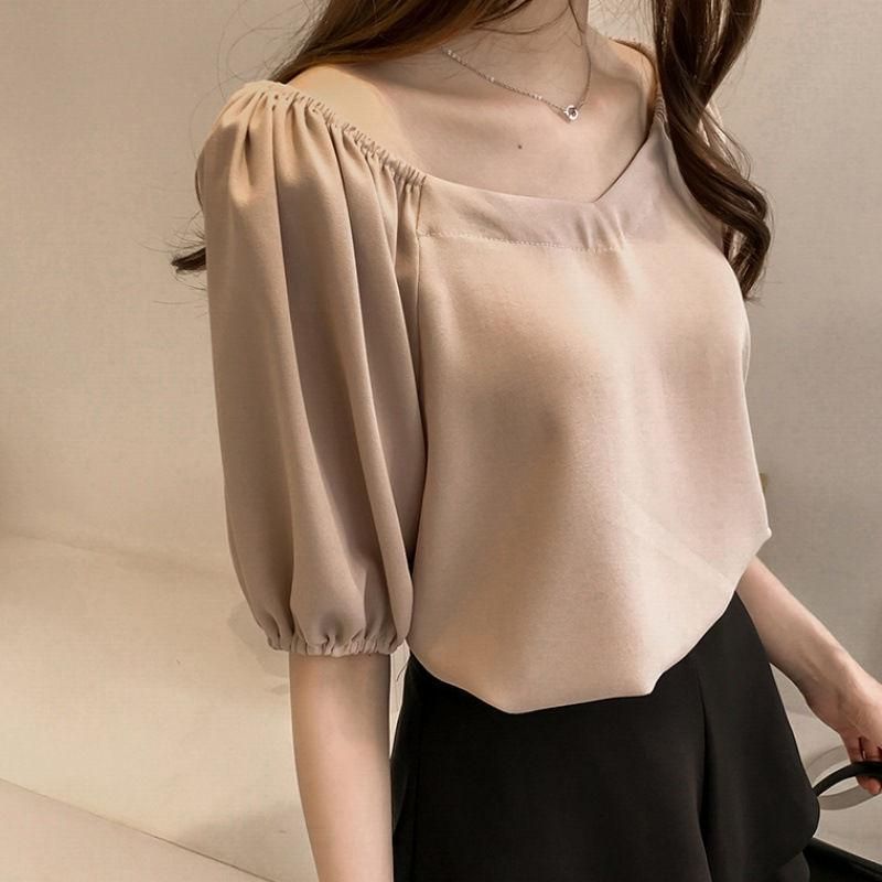 2023 Summer New Korean Style Elegant V-neck Chiffon Shirt Women's Short-Sleeved Shirt Simple Pure Color All-Matching Bottoming Shirt Fashion