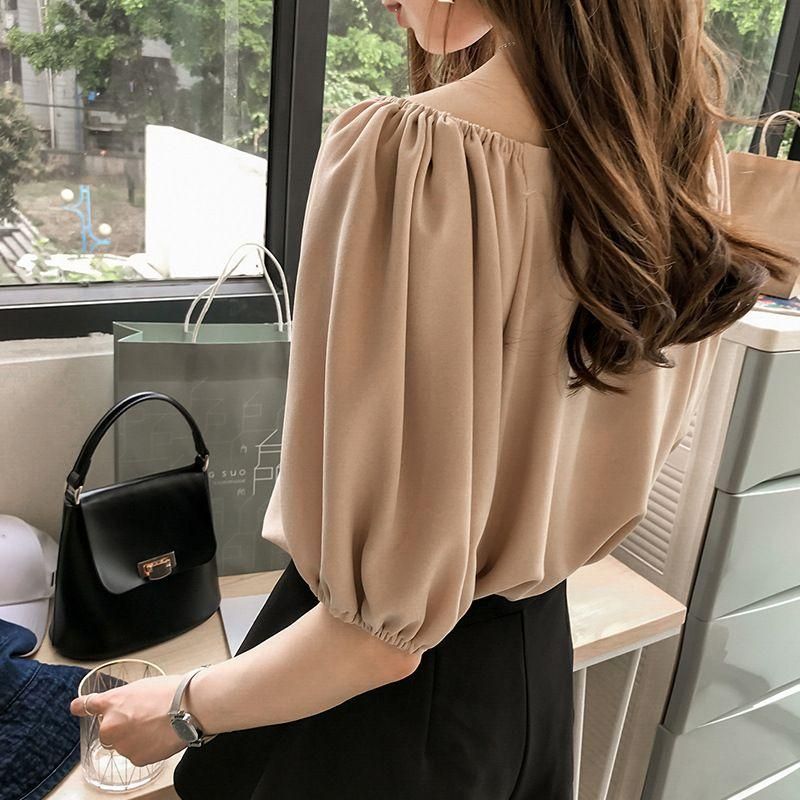 2023 Summer New Korean Style Elegant V-neck Chiffon Shirt Women's Short-Sleeved Shirt Simple Pure Color All-Matching Bottoming Shirt Fashion