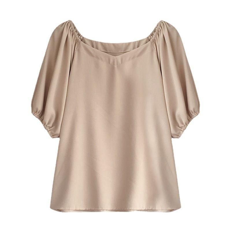 2023 Summer New Korean Style Elegant V-neck Chiffon Shirt Women's Short-Sleeved Shirt Simple Pure Color All-Matching Bottoming Shirt Fashion