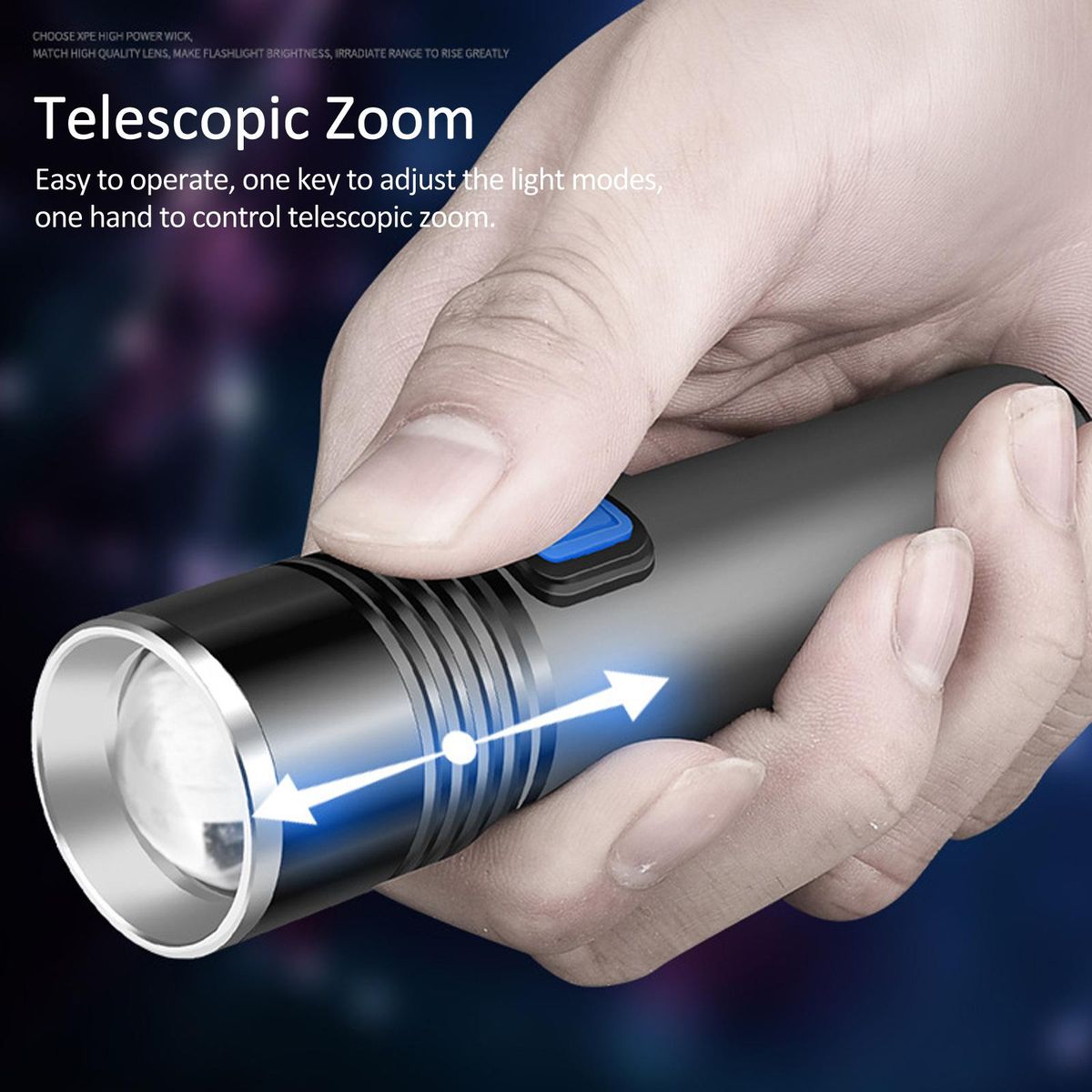 Strong Light Flashlight Telescopic Zoom Mini Pocket LED Flashlight Aluminum Alloy Electric Torch USB Rechargeable 3 Lighting Modes for Outdoor Camping Emergency Car Repair
