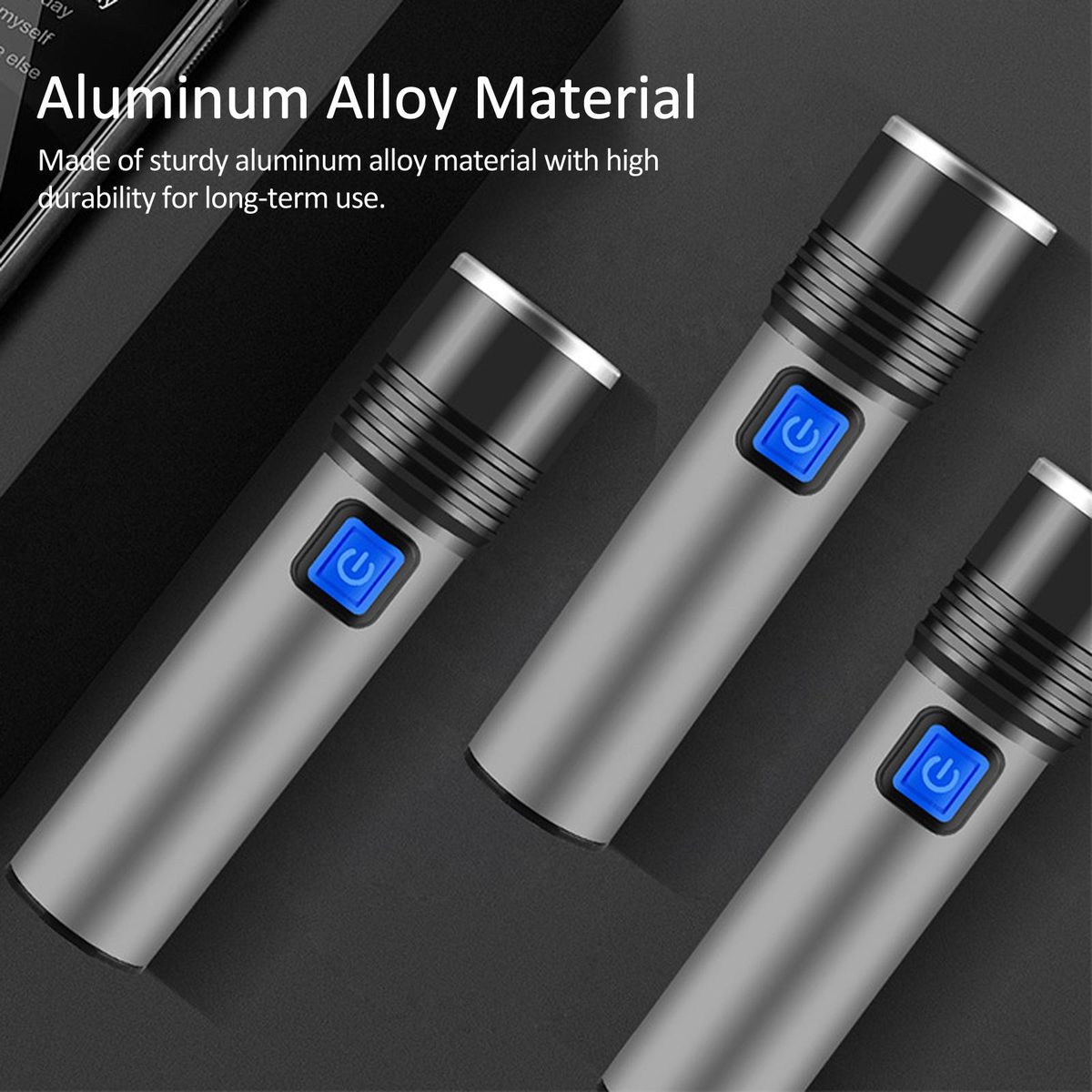 Strong Light Flashlight Telescopic Zoom Mini Pocket LED Flashlight Aluminum Alloy Electric Torch USB Rechargeable 3 Lighting Modes for Outdoor Camping Emergency Car Repair