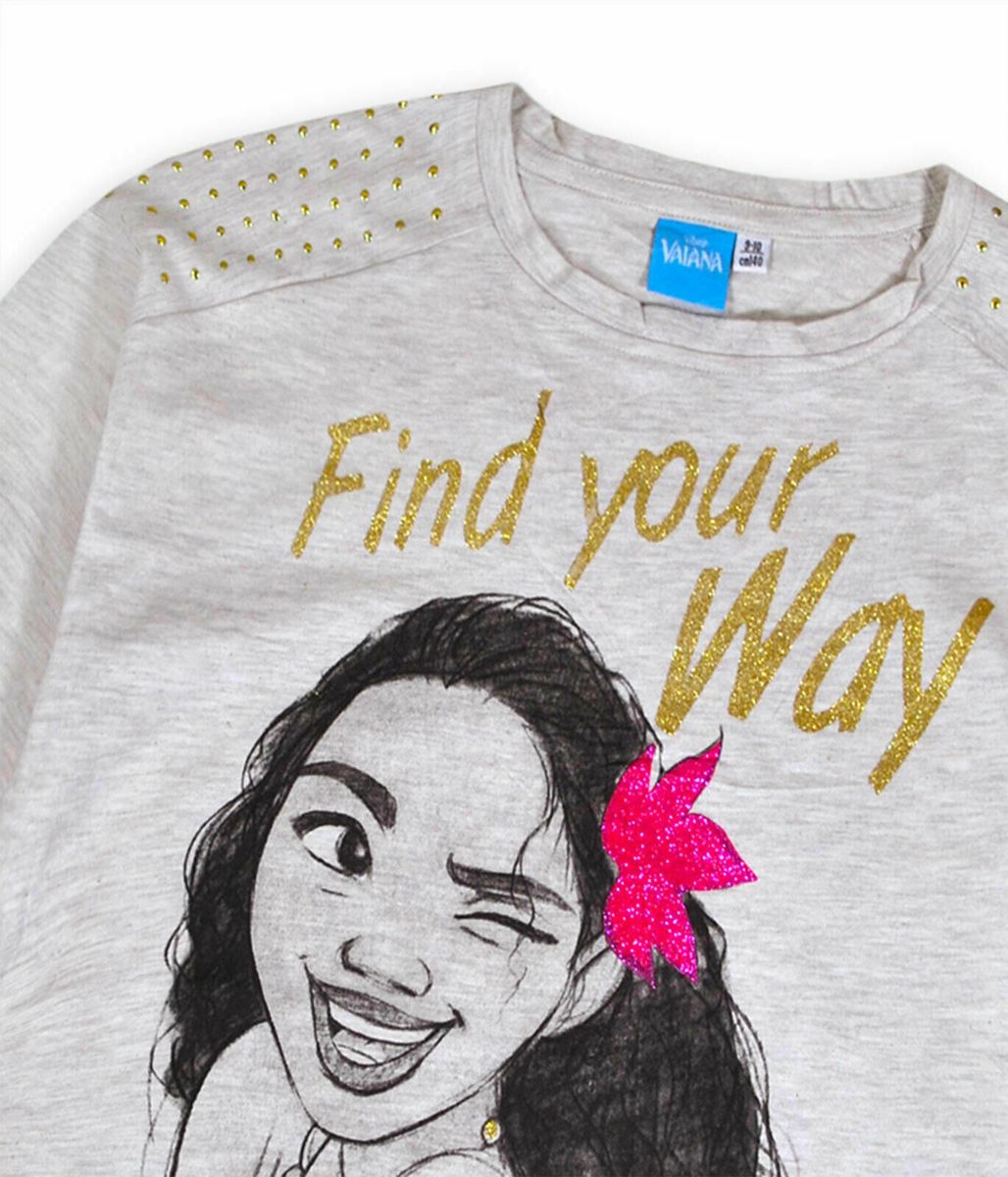 Girls Moana 'Find Your Way' Long Sleeve Cotton Rich T-Shrt -Beige