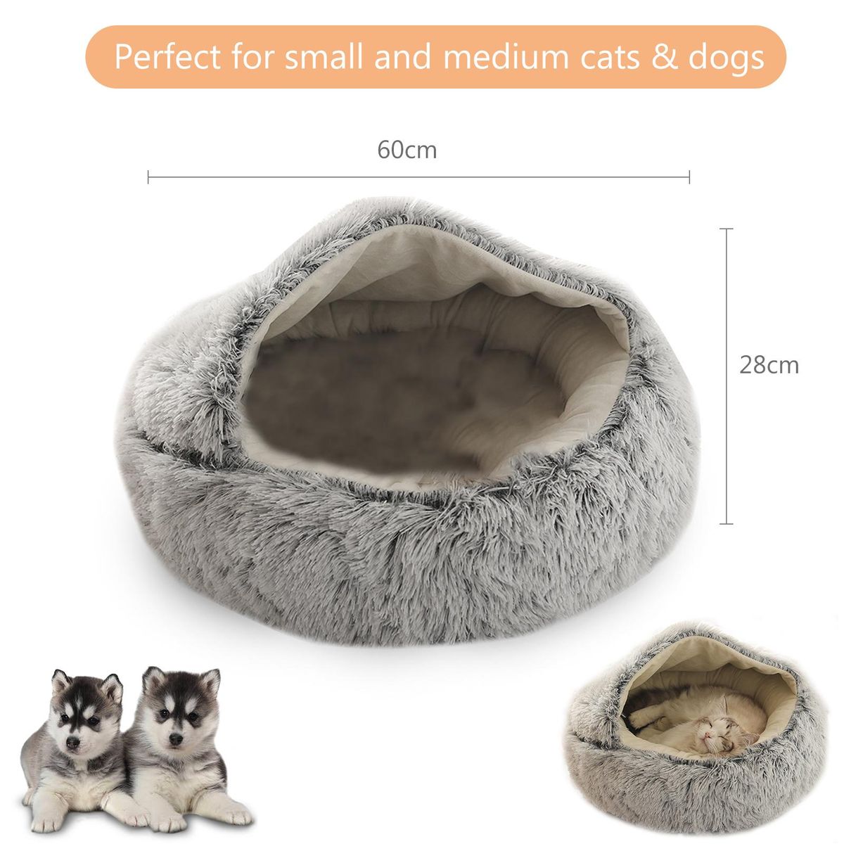 Pet Bed Round Soft Plush Burrowing Cave Cat Dog Hooded Bed Soft Faux Fur Calming Bed Self-Warming Anti Anxiety Cuddler Waterproof Washable Suitable for Small Medium Pet
