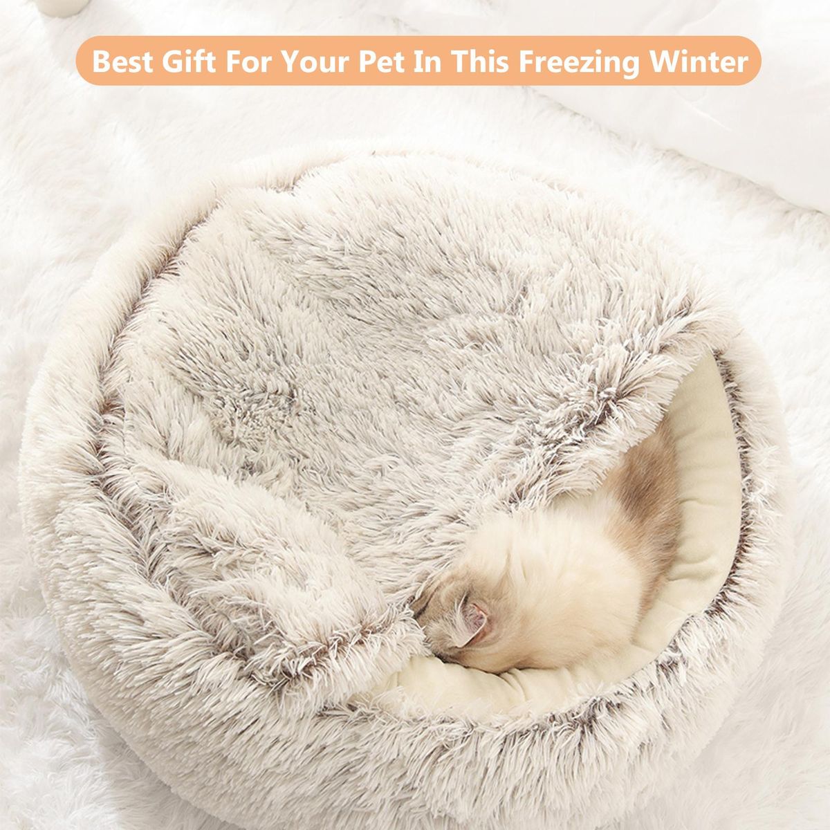 Pet Bed Round Soft Plush Burrowing Cave Cat Dog Hooded Bed Soft Faux Fur Calming Bed Self-Warming Anti Anxiety Cuddler Waterproof Washable Suitable for Small Medium Pet