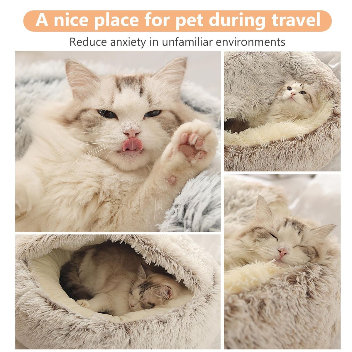 Pet Bed Round Soft Plush Burrowing Cave Cat Dog Hooded Bed Soft Faux Fur Calming Bed Self-Warming Anti Anxiety Cuddler Waterproof Washable Suitable for Small Medium Pet