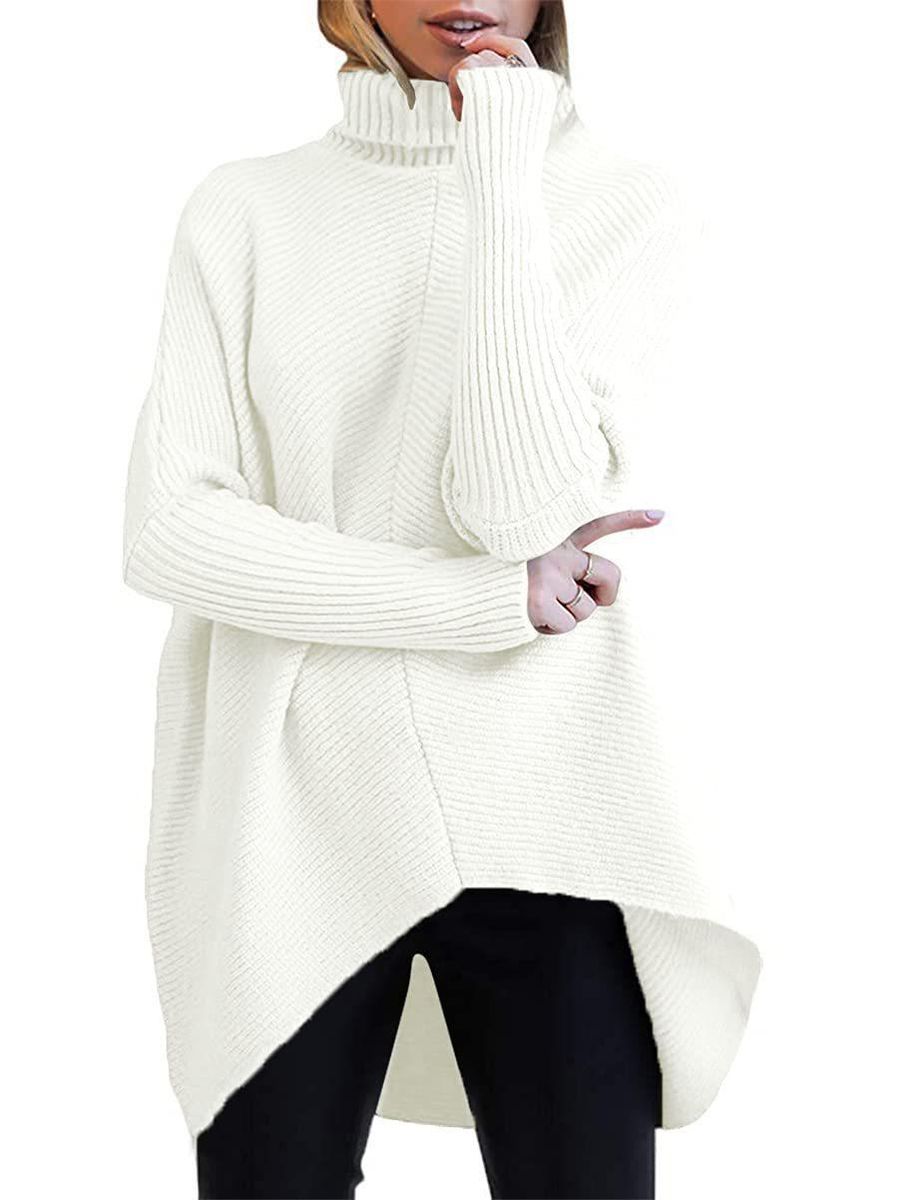 2022 autumn and winter new high-necked bat sleeve irregular hem long-sleeved pullover solid color