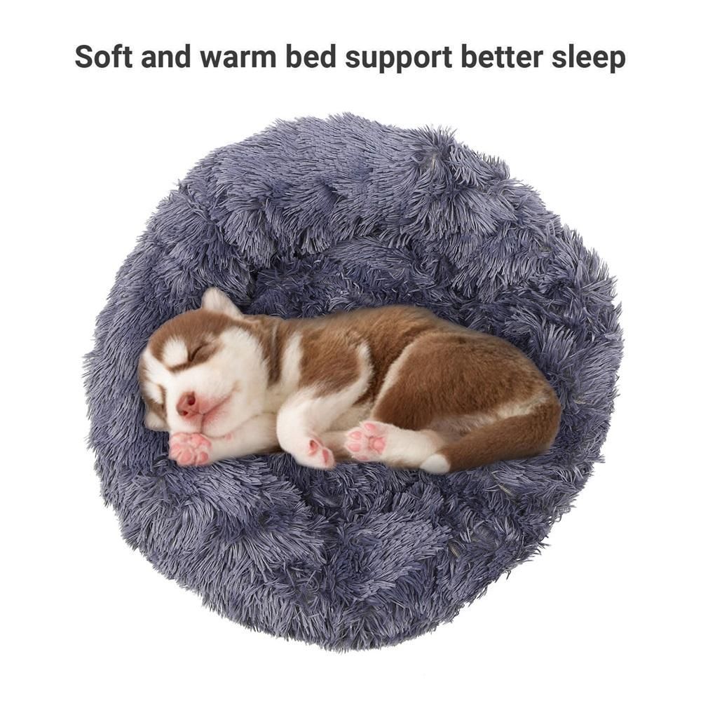 Comfortable Plush Round Pet Bed for Dogs Cats Soft Fur Donut Anti-slip Waterproof Base Washable Self Warming Cushion Bed Multiple Sizes Dark Gray 4XL 110CM