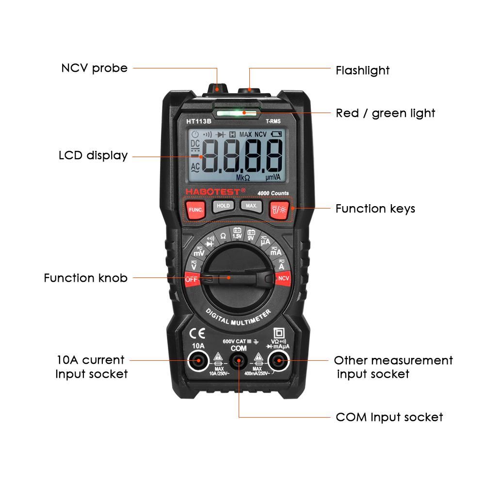 HABOTEST Digital Multimeter Auto Range True RMS 4000 Counts Non Contact Multi Meter Voltmeter Ammeter Ohmmeter Measuring AC/DC Voltage Current Resistance Continuity Test Diode NCV Tester Maximum Measurement with Backlight LCD