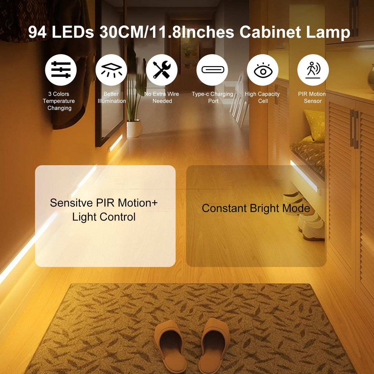 47LEDs 30CM/11.8Inches Cabinet Lamp Adopted PIR Motion Inductor Sensor+Sensitive Light Control/ Constant Bright 2 Lighting Working Modes/ Touching Switching/ 3 Colors Temperature Changing/ Built-in 1100mAh Rechargeable Cell T