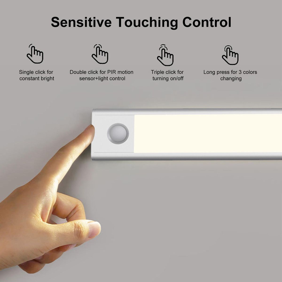 47LEDs 30CM/11.8Inches Cabinet Lamp Adopted PIR Motion Inductor Sensor+Sensitive Light Control/ Constant Bright 2 Lighting Working Modes/ Touching Switching/ 3 Colors Temperature Changing/ Built-in 1100mAh Rechargeable Cell T