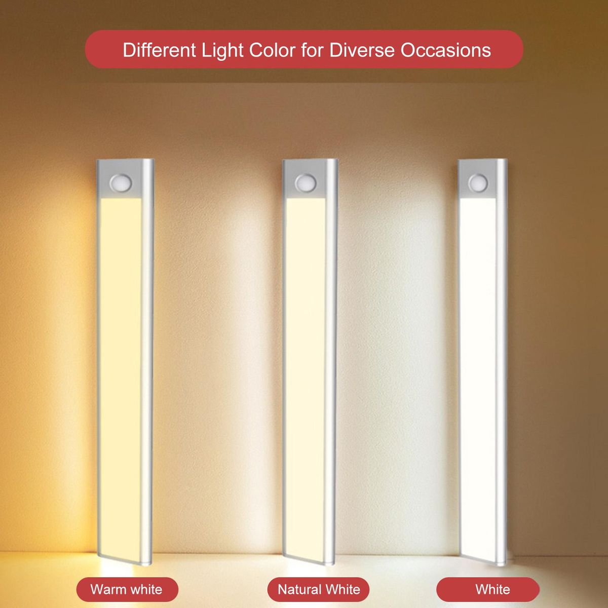 47LEDs 30CM/11.8Inches Cabinet Lamp Adopted PIR Motion Inductor Sensor+Sensitive Light Control/ Constant Bright 2 Lighting Working Modes/ Touching Switching/ 3 Colors Temperature Changing/ Built-in 1100mAh Rechargeable Cell T