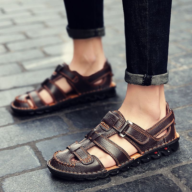 2020 Mens Fashion Slippers Sandals Leather Slippers -Brown