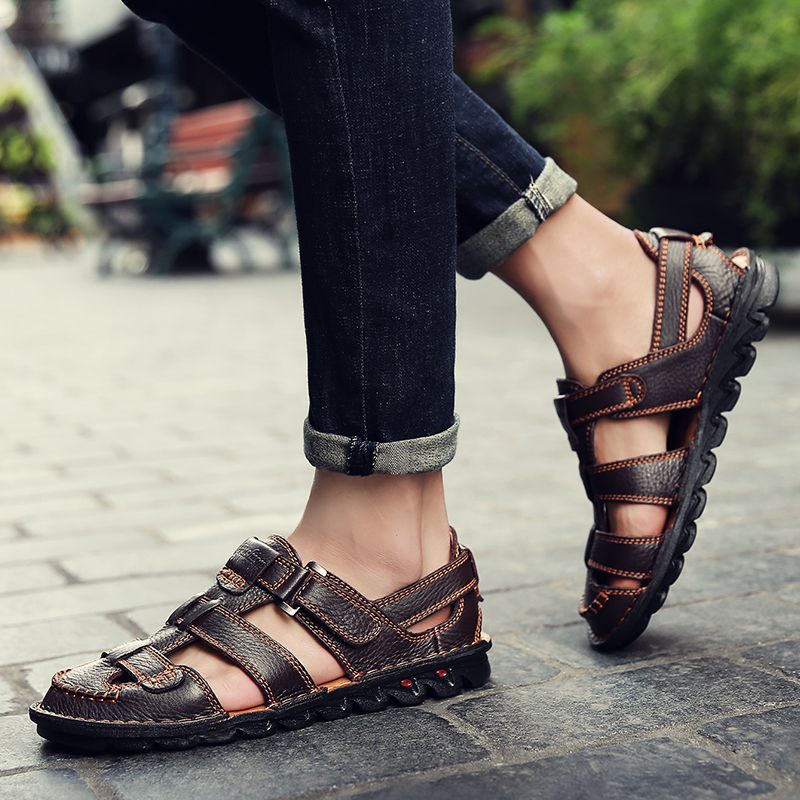 2020 Mens Fashion Slippers Sandals Leather Slippers -Brown