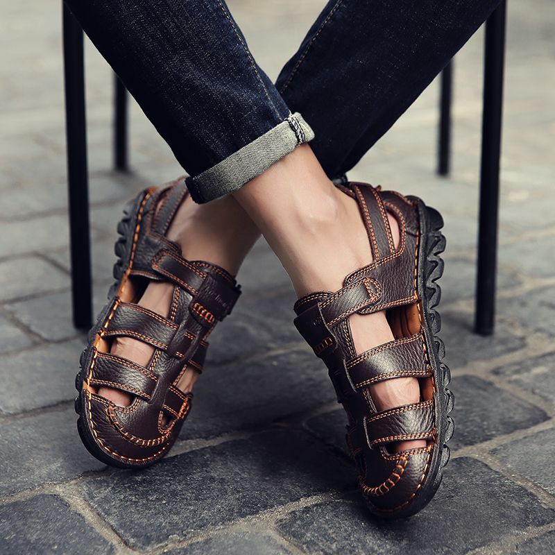 2020 Mens Fashion Slippers Sandals Leather Slippers -Brown