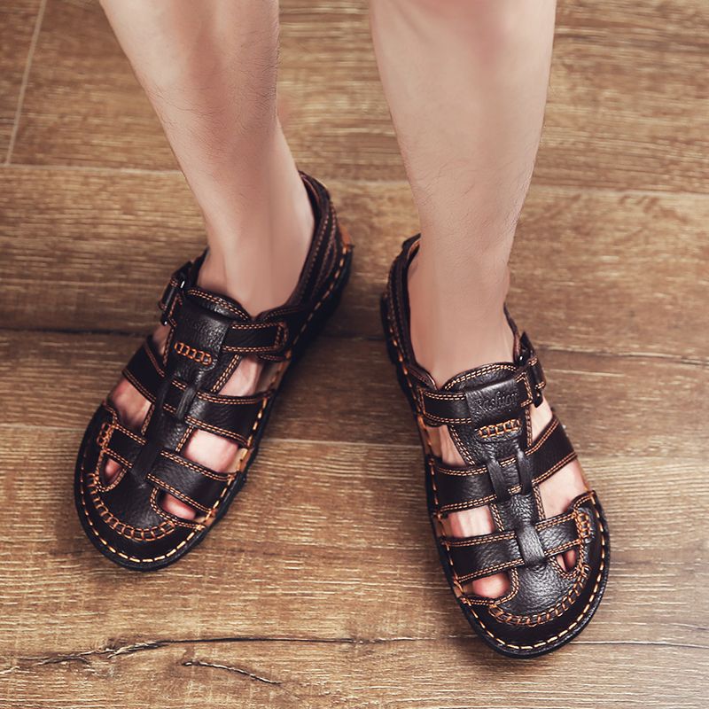 2020 Mens Fashion Slippers Sandals Leather Slippers -Brown