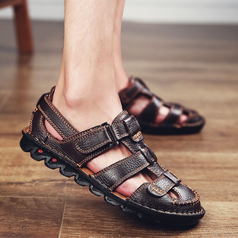 2020 Mens Fashion Slippers Sandals Leather Slippers -Brown