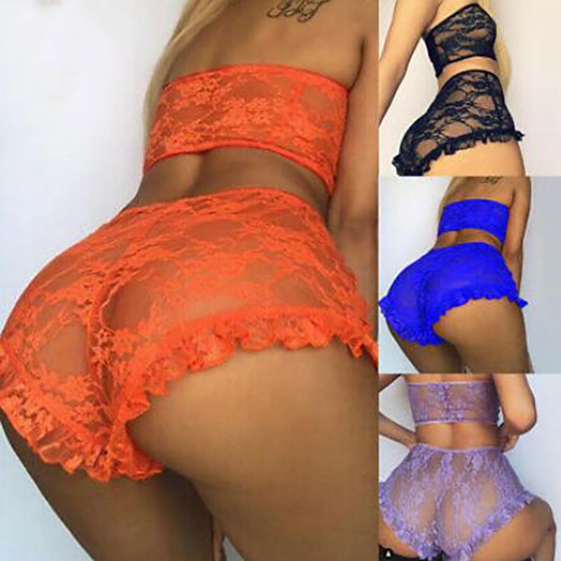 BKLD 2019 New Fashion Lace Sets Short Sheer Sexy Mesh Two Piece Sets Women Off Shoulder Crop Tops And Ruffle Shorts Suits Ladies（#orange）