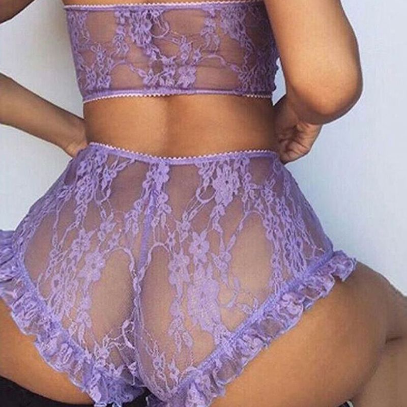 BKLD 2019 New Fashion Lace Sets Short Sheer Sexy Mesh Two Piece Sets Women Off Shoulder Crop Tops And Ruffle Shorts Suits Ladies（#orange）