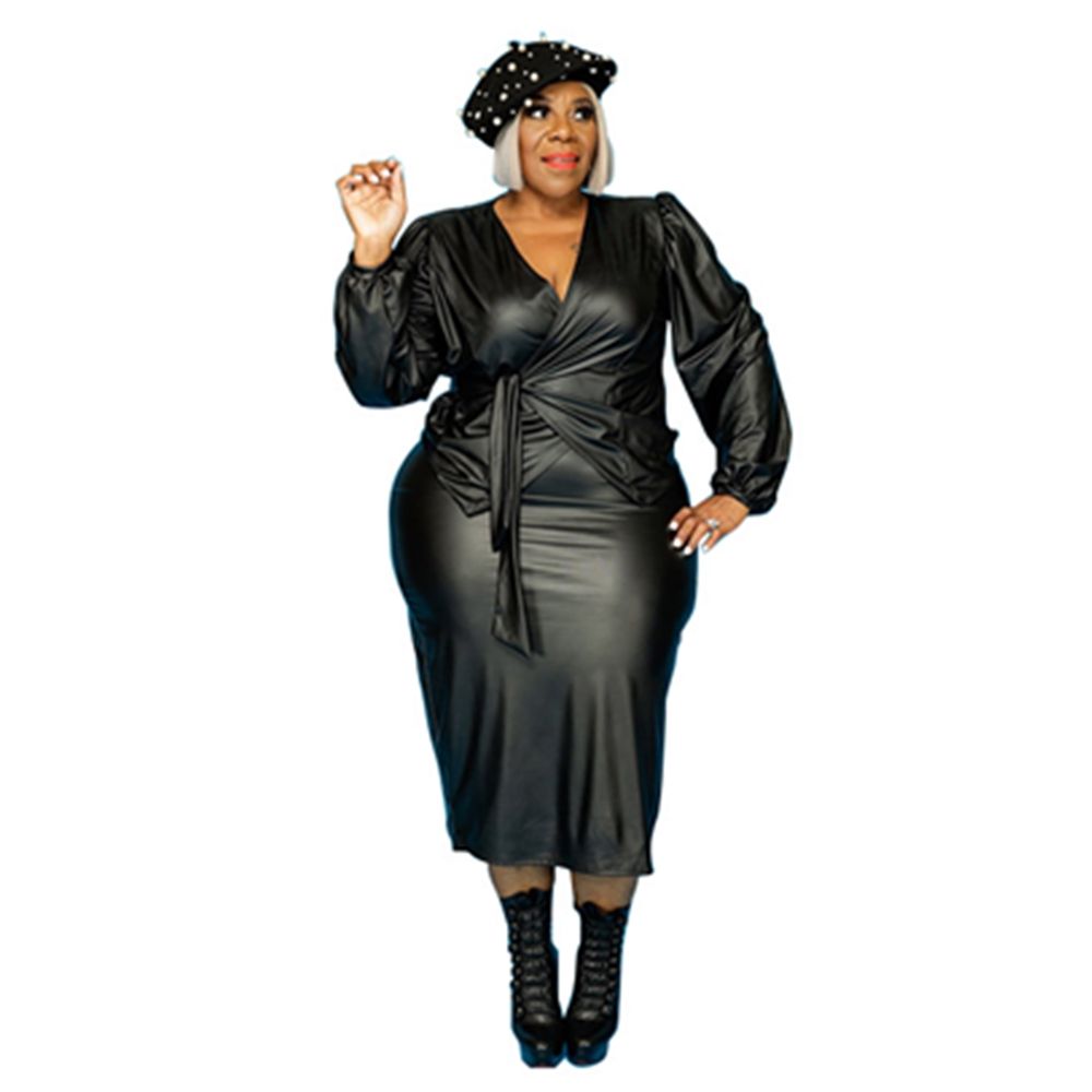 Plus Size Dress Sets XL-5XL PU Two Piece Set Fashion Streetwear V-neck Lace-up