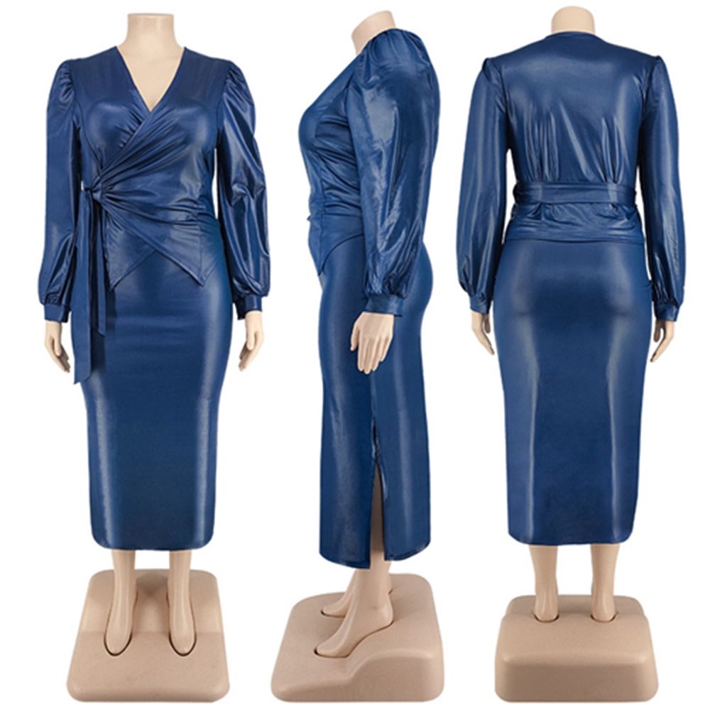 Plus Size Dress Sets XL-5XL PU Two Piece Set Fashion Streetwear V-neck Lace-up