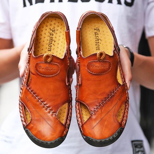 Hot Classic Summer Men's Sandals Big Size 38-48 Full Grain Calf Leather Soft Breathable Slides Shoes Designer Beach Roman Sandals Men Slippers Brown