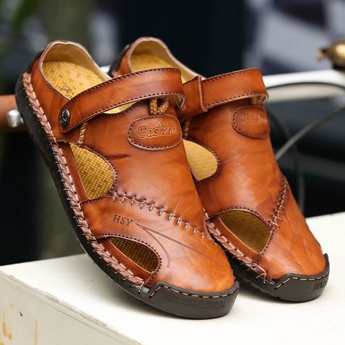 Hot Classic Summer Men's Sandals Big Size 38-48 Full Grain Calf Leather Soft Breathable Slides Shoes Designer Beach Roman Sandals Men Slippers Brown