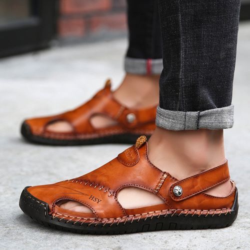 Hot Classic Summer Men's Sandals Big Size 38-48 Full Grain Calf Leather Soft Breathable Slides Shoes Designer Beach Roman Sandals Men Slippers Brown