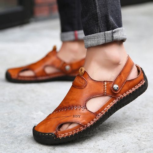 Hot Classic Summer Men's Sandals Big Size 38-48 Full Grain Calf Leather Soft Breathable Slides Shoes Designer Beach Roman Sandals Men Slippers Brown