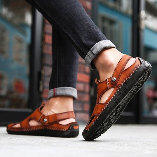 Hot Classic Summer Men's Sandals Big Size 38-48 Full Grain Calf Leather Soft Breathable Slides Shoes Designer Beach Roman Sandals Men Slippers Brown
