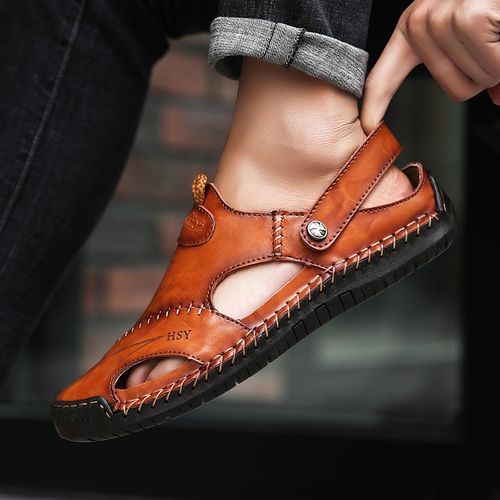 Hot Classic Summer Men's Sandals Big Size 38-48 Full Grain Calf Leather Soft Breathable Slides Shoes Designer Beach Roman Sandals Men Slippers Brown