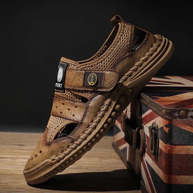 Exquisite Handmade Sandals Men Shoes Big Size 39-46 High Quality Full Grain Calf Leather+Mesh Sandals Male Climbing Quick-dry Water Shoes Coffee