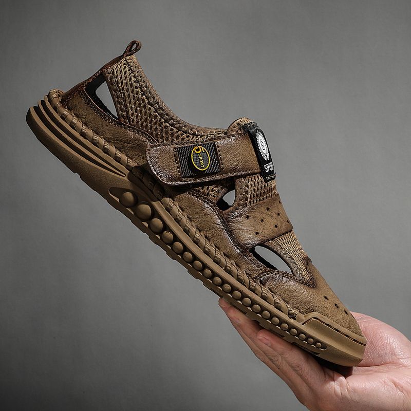 Exquisite Handmade Sandals Men Shoes Big Size 39-46 High Quality Full Grain Calf Leather+Mesh Sandals Male Climbing Quick-dry Water Shoes Coffee