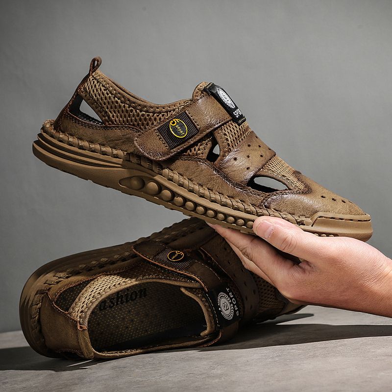 Exquisite Handmade Sandals Men Shoes Big Size 39-46 High Quality Full Grain Calf Leather+Mesh Sandals Male Climbing Quick-dry Water Shoes Coffee