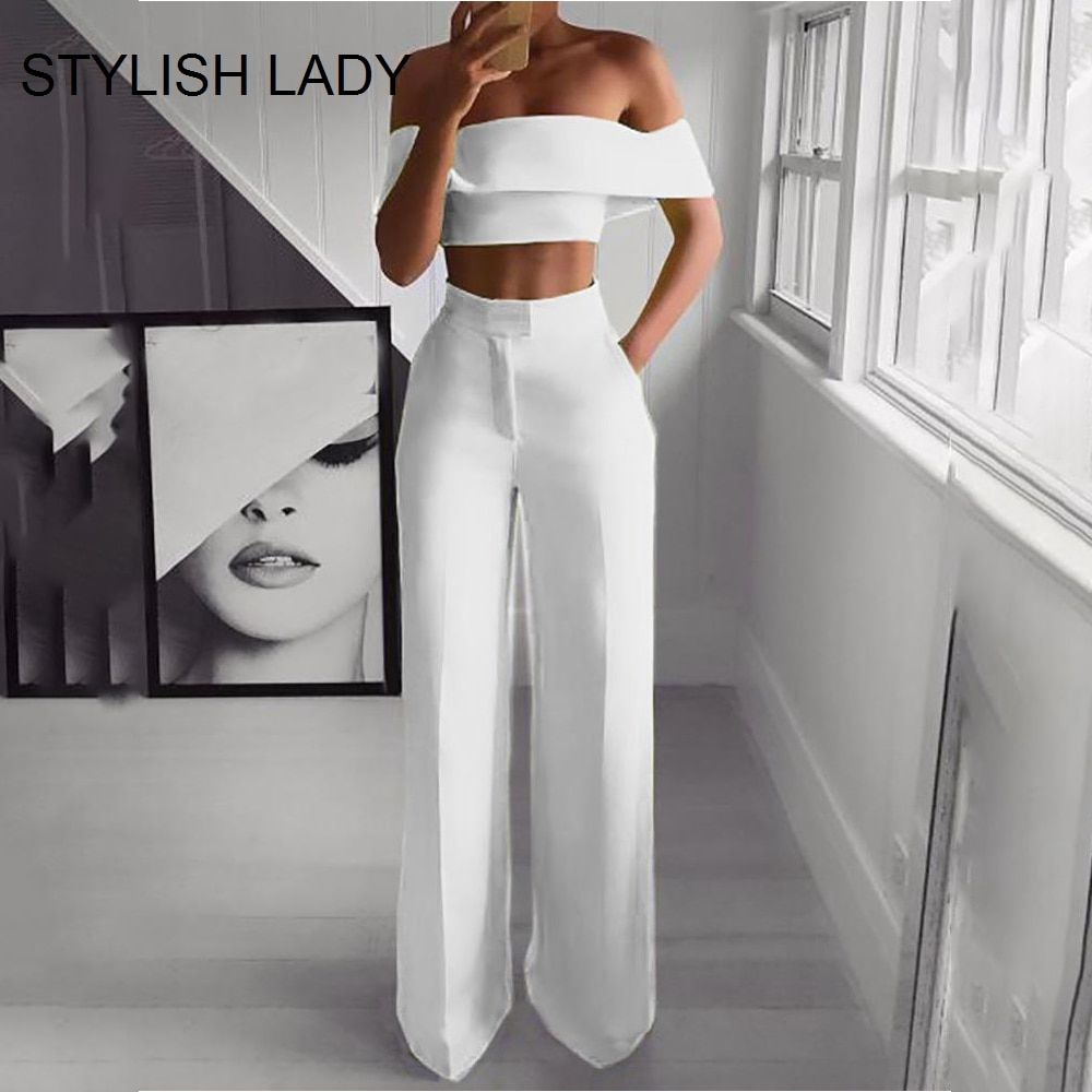 STYLISH Lady Neon Green 2 Piece Set Women Solid Off The Shoulder Crop Top And Wide Leg Pants 2019 Sexy Summer Two Piece Outfits（#Pink）