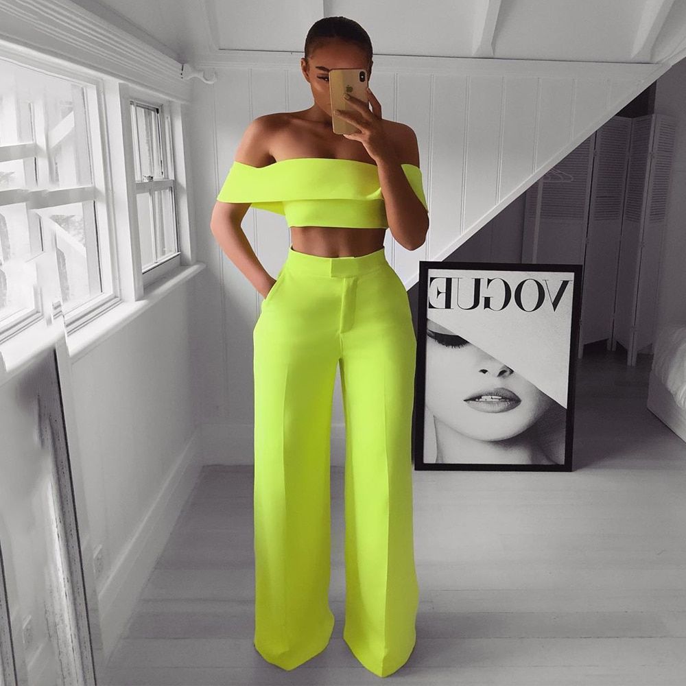 STYLISH Lady Neon Green 2 Piece Set Women Solid Off The Shoulder Crop Top And Wide Leg Pants 2019 Sexy Summer Two Piece Outfits（#Pink）