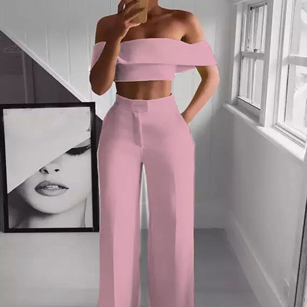 STYLISH Lady Neon Green 2 Piece Set Women Solid Off The Shoulder Crop Top And Wide Leg Pants 2019 Sexy Summer Two Piece Outfits（#Pink）