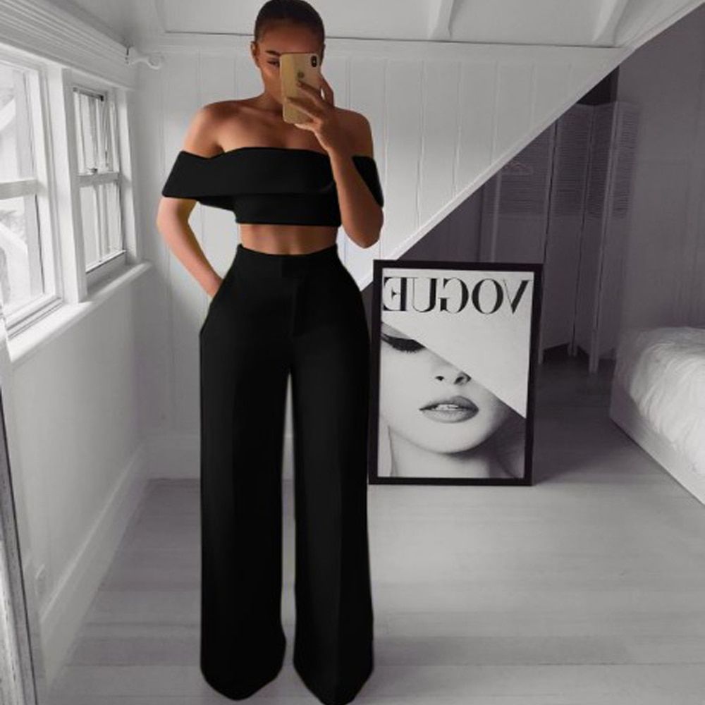 STYLISH Lady Neon Green 2 Piece Set Women Solid Off The Shoulder Crop Top And Wide Leg Pants 2019 Sexy Summer Two Piece Outfits（#Pink）