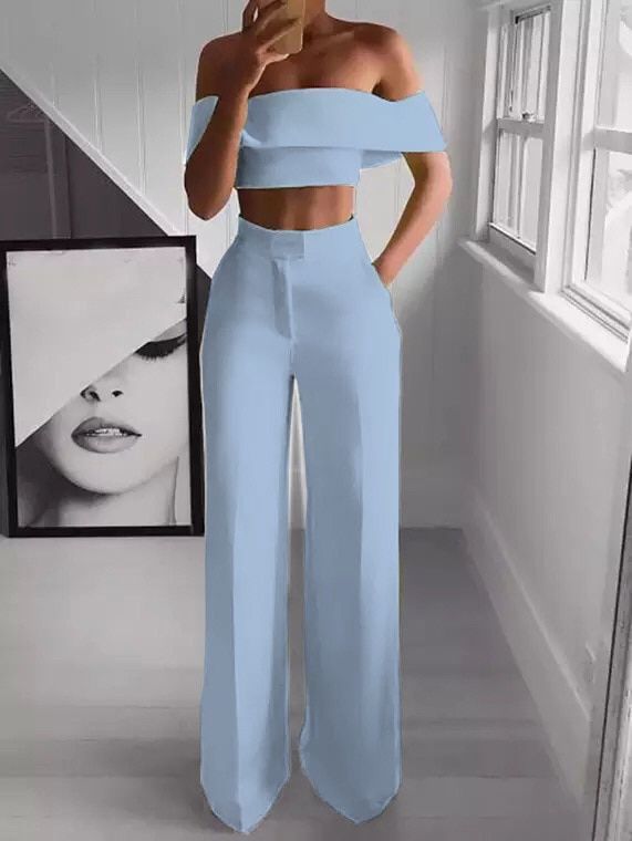 STYLISH Lady Neon Green 2 Piece Set Women Solid Off The Shoulder Crop Top And Wide Leg Pants 2019 Sexy Summer Two Piece Outfits（#Pink）