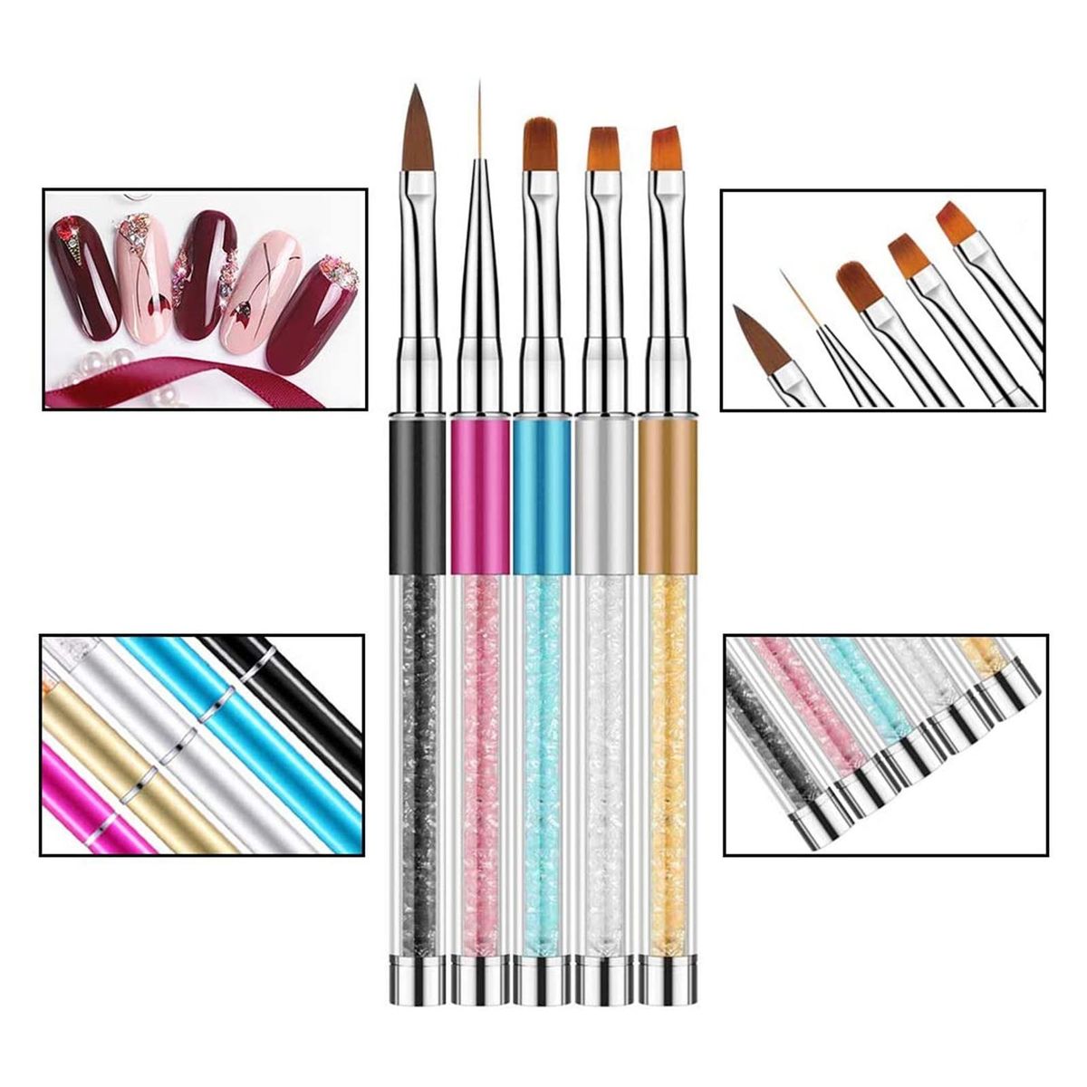 5Pcs Acrylic Nail Brush Kit Nail Art Tips UV Nail Builder Brush Nail Painting Brush For Nail Art Design Painting Drawing Pen Set Nail Tool