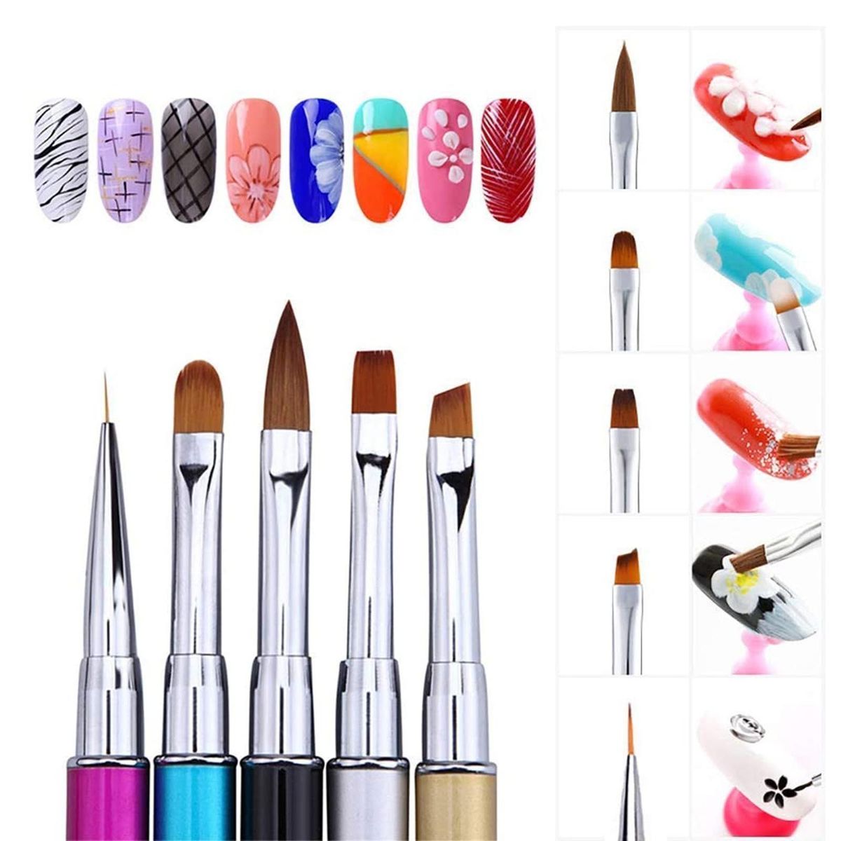 5Pcs Acrylic Nail Brush Kit Nail Art Tips UV Nail Builder Brush Nail Painting Brush For Nail Art Design Painting Drawing Pen Set Nail Tool