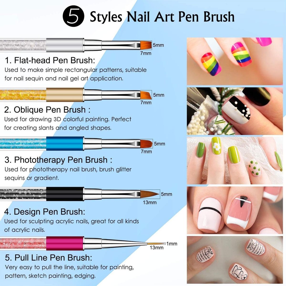 5Pcs Acrylic Nail Brush Kit Nail Art Tips UV Nail Builder Brush Nail Painting Brush For Nail Art Design Painting Drawing Pen Set Nail Tool