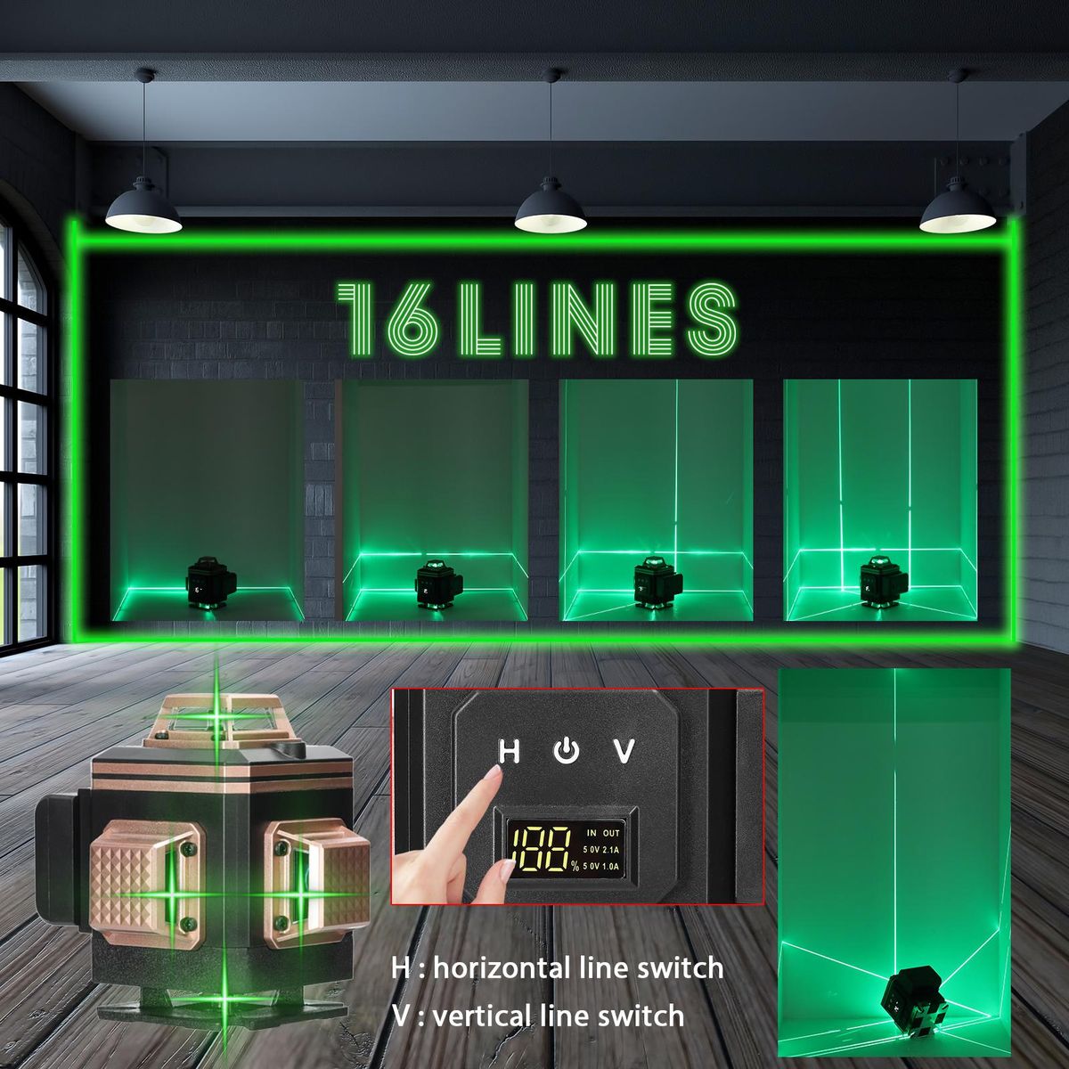 Multifunctional 16 Lines Laser Level 4° Self-leveling Machine Rechargeable Lithium Battery Leveling Tool Omnidirectional Ground Wall Sticker IP54 Waterproof Home Improvement Tools Set