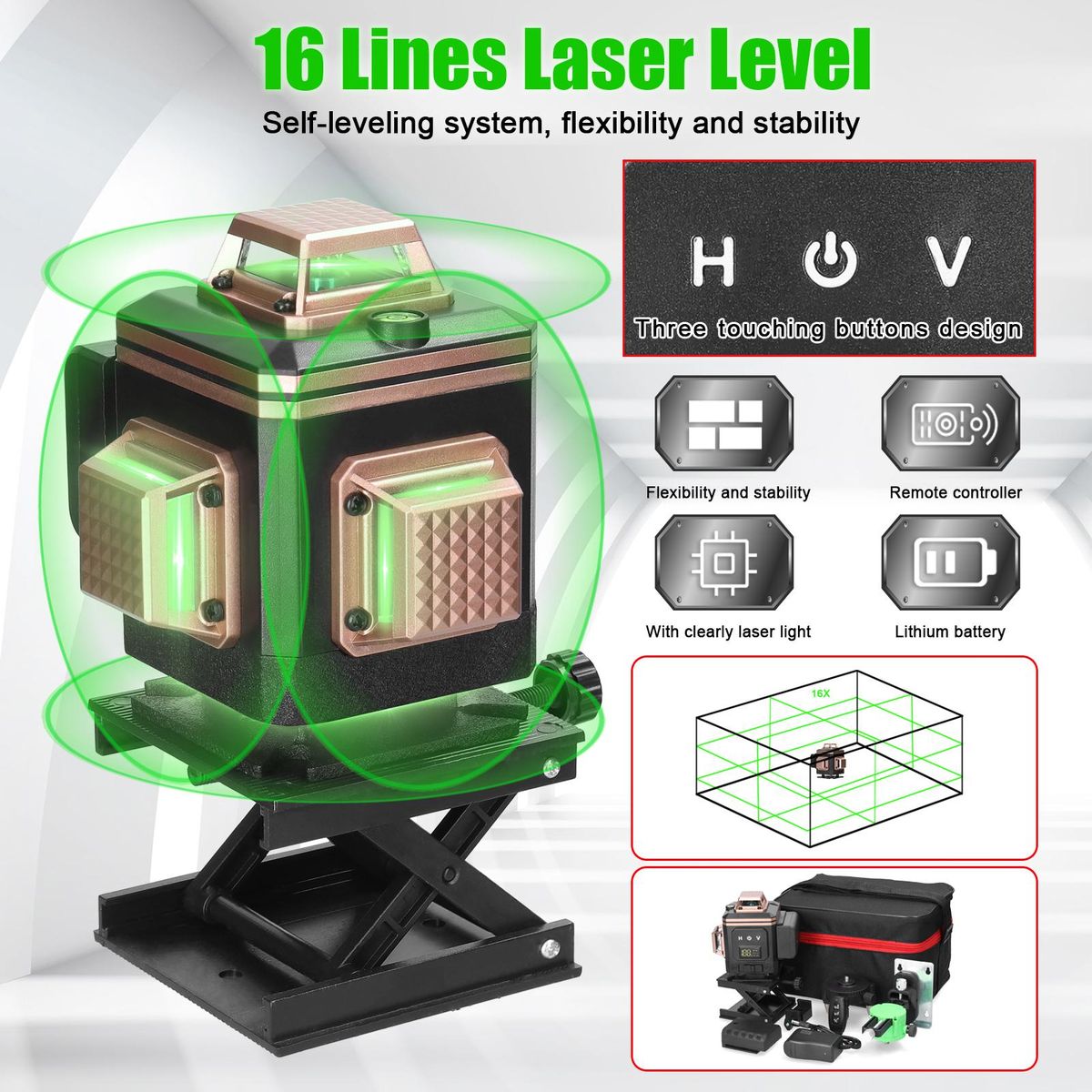 Multifunctional 16 Lines Laser Level 4° Self-leveling Machine Rechargeable Lithium Battery Leveling Tool Omnidirectional Ground Wall Sticker IP54 Waterproof Home Improvement Tools Set