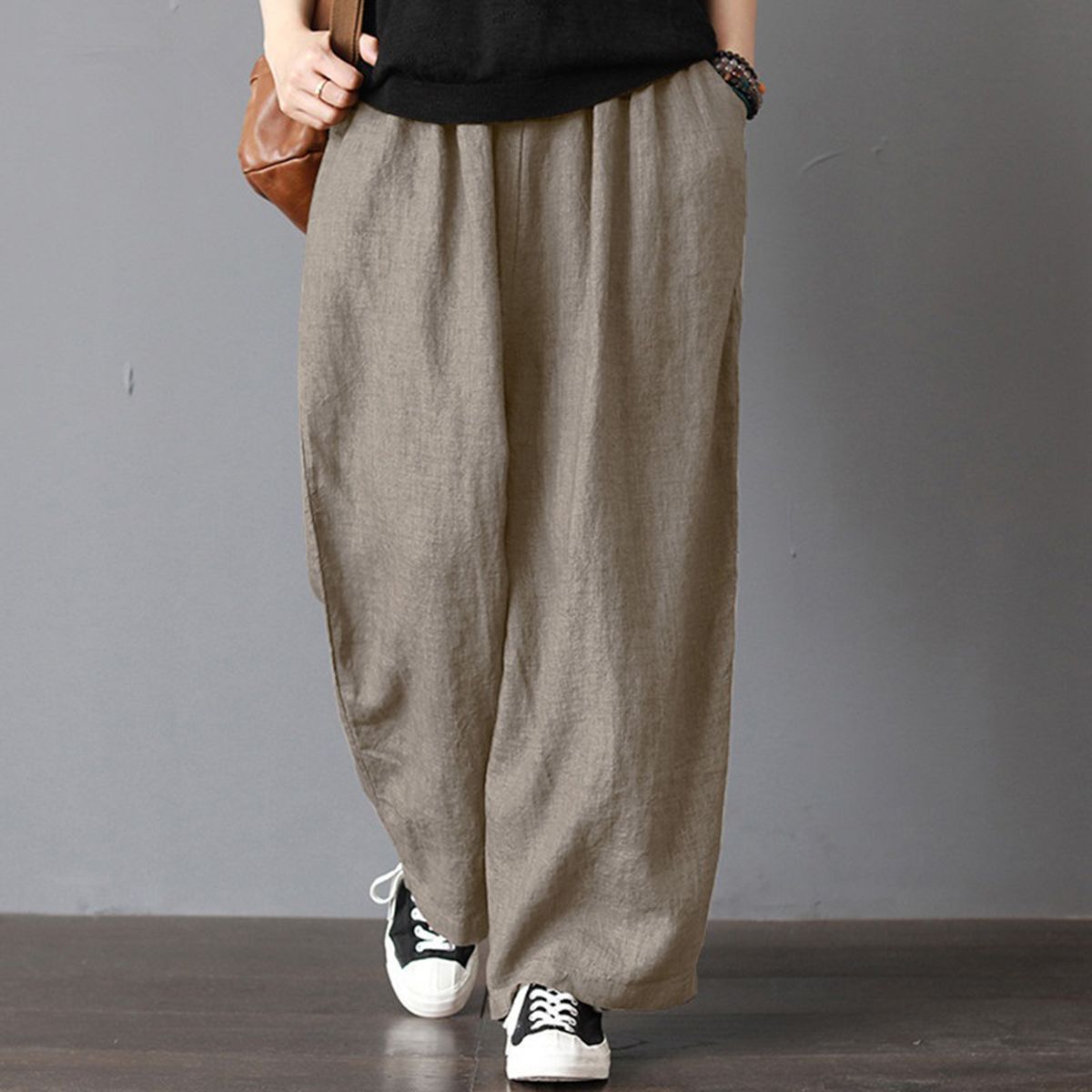 Women Cotton Linen Wide Leg Pants Elastic Waist Pockets Comfy Solid Loose Casual Trousers-khaki
