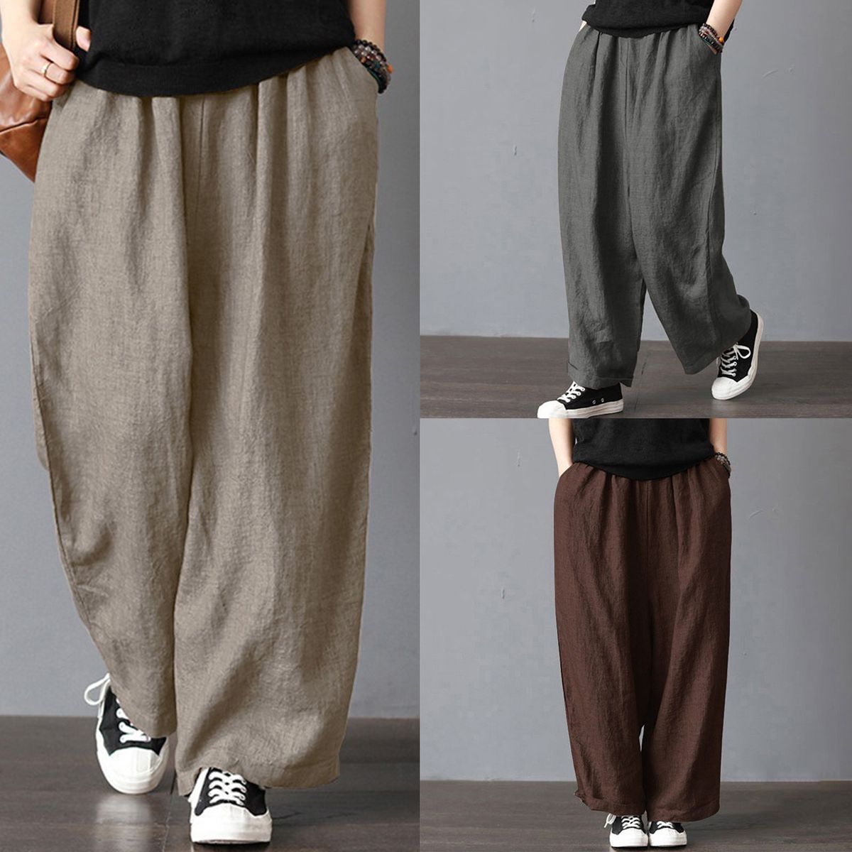 Women Cotton Linen Wide Leg Pants Elastic Waist Pockets Comfy Solid Loose Casual Trousers-khaki