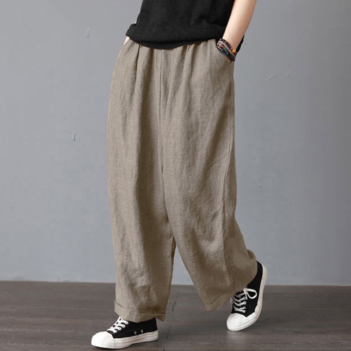 Women Cotton Linen Wide Leg Pants Elastic Waist Pockets Comfy Solid Loose Casual Trousers-khaki